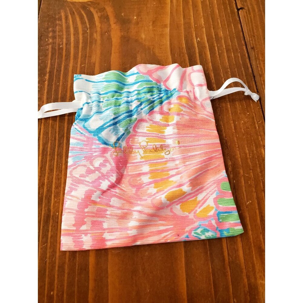Lilly Pulitzer Fabric Drawstring Jewelry Pouch 5" X 7" Multicolor With Gold Logo